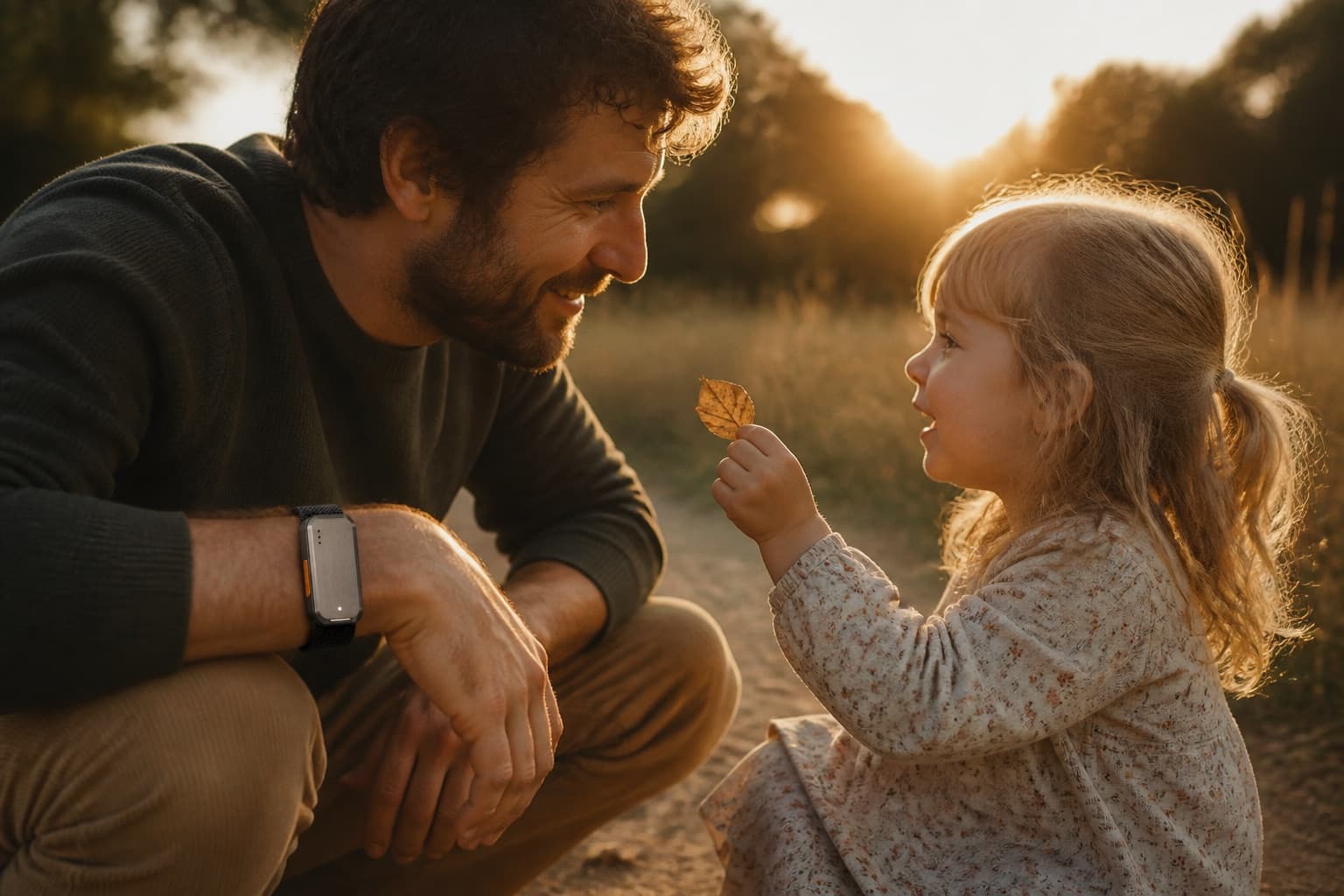 A father crouched down with his daughter in a field at golden hour, both hands free, LARS/01 on his wrist