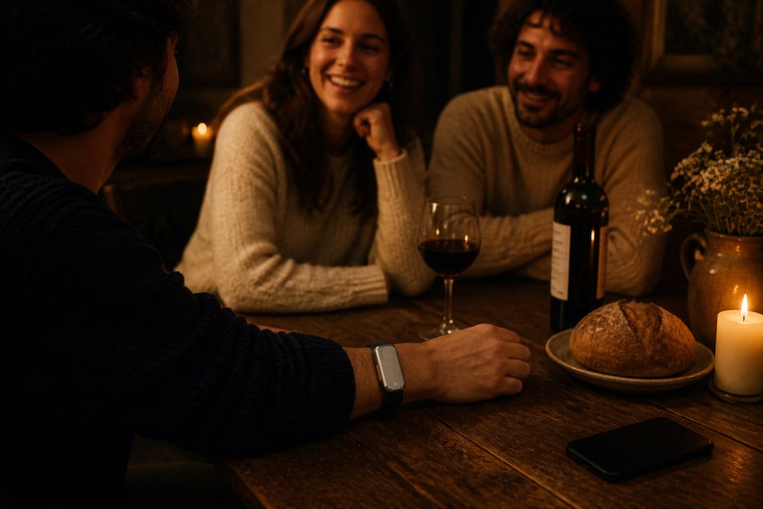 Friends talking around a table in the evening, a phone face down and ignored at the far edge
